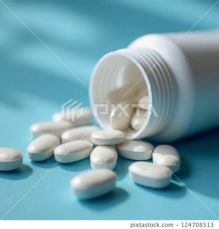 Macro shot of calcium pills spilling from a container with strong shadows and soft highlights, health supplement focus. 124708513