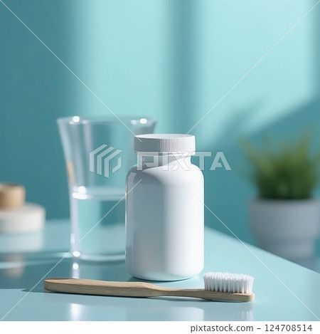 Calcium supplement bottle on a bathroom countertop beside toothbrush and water glass, realistic morning routine concept. Calcium supplement bottle on a bathroom countertop beside toothbrush and water glass, realistic morning routine concept. 124708514
