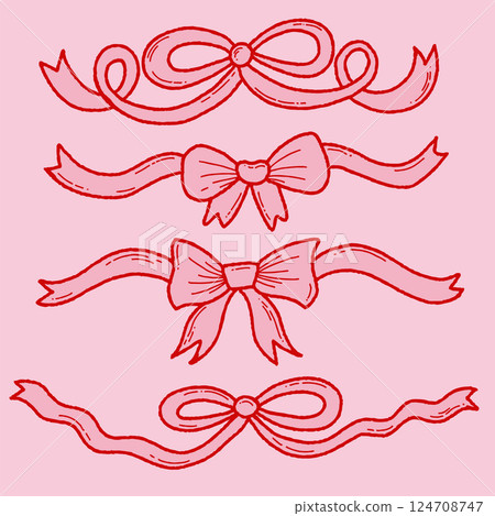 Hand drawn coquette set. Vintage cute symbols with ribbon and bow in simple crayon and sketch style. Trendy art for menu and banner for holidays. Doodle outline vector illustration 124708747