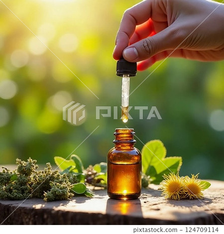 Hand pouring herbal extract oil into a dropper bottle on a rustic table, with medicinal plants and sunlight in background 124709114