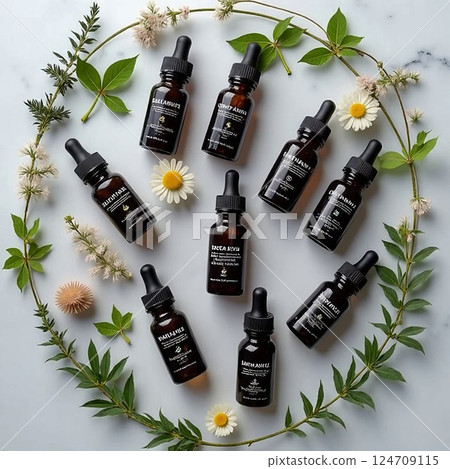 Assorted herbal extract bottles with labeled tags, arranged on a marble surface with fresh herbs and flowers, top-down view 124709115