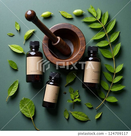 Flat lay of herbal extract bottles with leaves and mortar & pestle, traditional medicine concept, high-resolution studio photo. 124709117