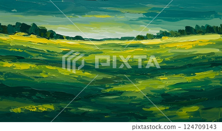 Vibrant landscape abstract painting in shades of green and yellow 124709143