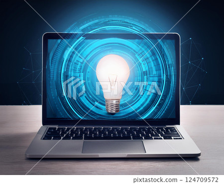 Creative light bulb hologram on modern laptop monitor. Concept of idea. AI Generated. Creative light bulb hologram on modern laptop monitor. Concept of idea. AI Generated. 124709572
