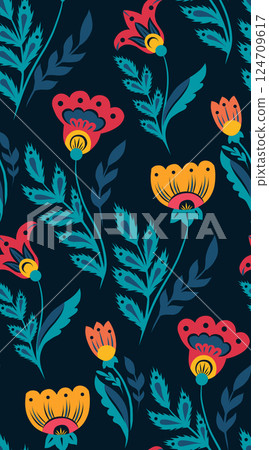 Vector folk art seamless pattern with flowers in traditional style on dark background. Decorative rural texture with wildflowers 124709617