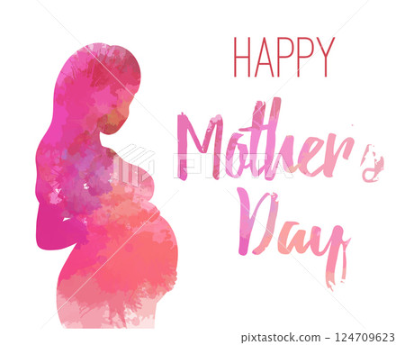 Happy mothers day. Vector postcard with a pink watercolor healthy pregnant woman. Pregnant woman with wildflowers and lettering. 124709623