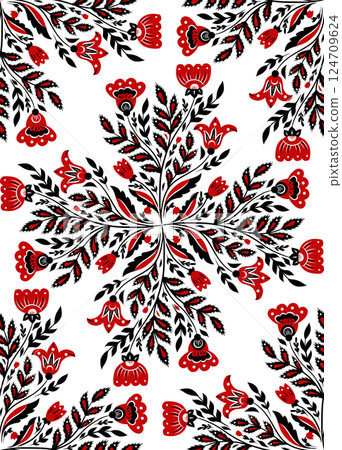 Vector Slavic seamless pattern with floral kaleidoscope in traditional style on white background. Folk art texture with black and red wildflowers 124709624