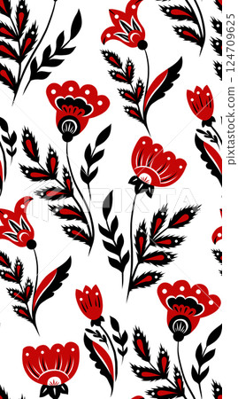 Vector Slavic seamless pattern with flowers in traditional style on white background. Folk art texture with black and red blooming wildflowers Vector Slavic seamless pattern with flowers in traditional style on white background. Folk art texture with black and red blooming wildflowers 124709625