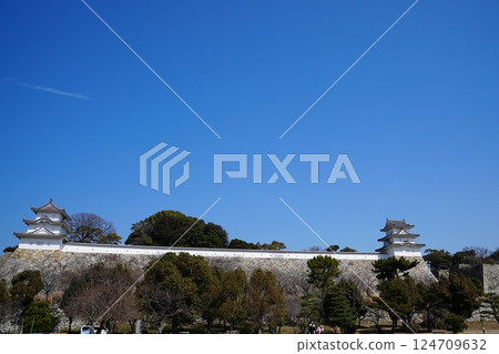 從兵庫縣明石市武藏庭園看到的明石城本丸(坤塔和辰巳塔)(晚春) 從兵庫縣明石市武藏庭園看到的明石城本丸(坤塔和辰巳塔)(晚春) 124709632