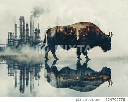 double exposure effect of Buffalo walking and Industrial plant. Pollution from factories causes global warming. AI Generated. 124709776