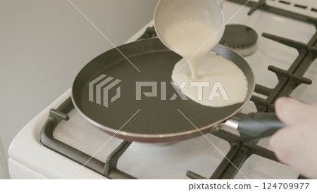 Nonstick Frying Pan Perfectly Placed on Gas Stove, All Set and Ready for Cooking 124709977