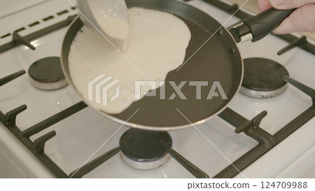 A NonStick Frying Pan is placed on the Gas Stove, perfectly Ready for Cooking delicious meals 124709988