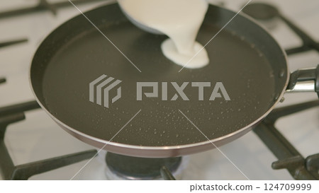 Black NonStick Frying Pan sitting on top of a Gas Stove in a kitchen ready for cooking 124709999