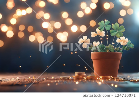 lucky clover plant in terracotta pot with gold coins. bokeh lights create a magical, prosperous atmosphere. lucky clover plant in terracotta pot with gold coins. bokeh lights create a magical, prosperous atmosphere. 124710071