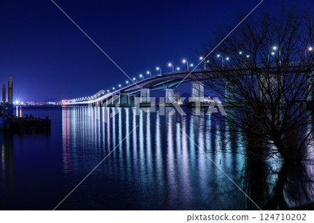 Night view of Lake Biwa Bridge and the lights reflected on the water (from the Otsu City side) Night view of Lake Biwa Bridge and the lights reflected on the water (from the Otsu City side) 124710202