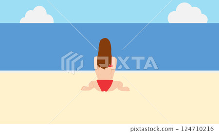 一位女士在海灘上享受暑假的插圖（在海裡游泳） 124710216