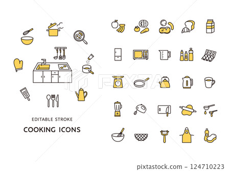 Cooking and kitchen utensils icon set (color) 124710223