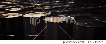 Glossy black oil barrels in monochrome warehouse industrial banner background Glossy black oil barrels in monochrome warehouse industrial banner background 124710274