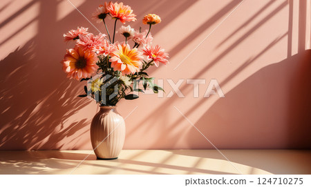 Bright daisies flowers bouquet in pink vase on table, shadows on pink wall 124710275