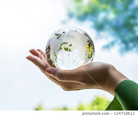Stock image of a close-up of a woman's hand holding the globe 124710612