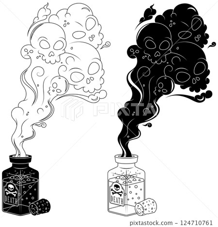 Poison bottle with toxic smoke 124710761