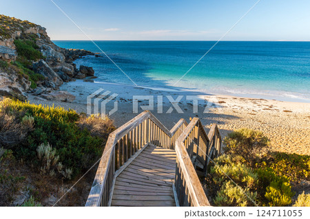 Dolphin Beach with boardwalk at sunset, Innes National Park, SA Dolphin Beach with boardwalk at sunset, Innes National Park, SA 124711055