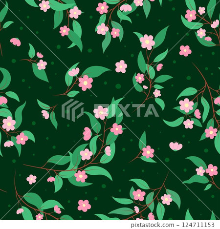 Seamless floral pattern. Vector green background with cute pink flowers. Repeating illustration of floral botanical elements and leaves. Elegant detailed decorative natural objects pattern 124711153