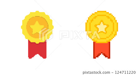 Retro Medal And Award Pixelated Icon Set. Pixel Art Symbol Collection Of Gold Medals And Stars In Pixel Design. Isolated Vector Illustration Retro Medal And Award Pixelated Icon Set. Pixel Art Symbol Collection Of Gold Medals And Stars In Pixel Design. Isolated Vector Illustration 124711220