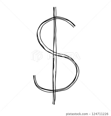$ 符號手繪線圖示帶有多個重疊線的單色向量插圖 124711226