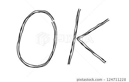 手繪字母 OK 的線條圖示。具有多條重疊線的單色向量插圖。 124711228