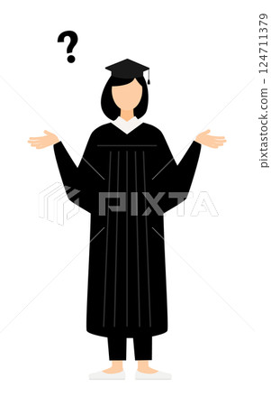 一位身穿畢業服、頭戴學位帽的亞洲女畢業生正在提問的簡單插圖 124711379