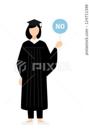 A simple illustration of an Asian female graduate wearing a graduation gown and a mortarboard holding a no stick A simple illustration of an Asian female graduate wearing a graduation gown and a mortarboard holding a no stick 124711386