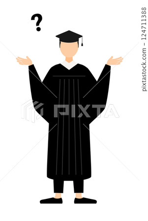 A simple illustration of an Asian male graduate wearing a graduation gown and a mortarboard having a question 124711388