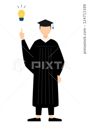 一位身穿畢業服、頭戴學位帽的亞洲男性畢業生正在構思一個想法 一位身穿畢業服、頭戴學位帽的亞洲男性畢業生正在構思一個想法 124711389