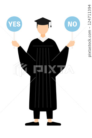 一位身穿畢業服、頭戴學位帽、手拿“是”或“否”標語的亞洲男性畢業生的簡單插圖 124711394