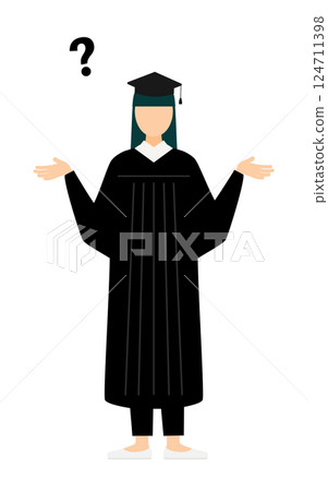 A simple illustration of an Asian female graduate wearing a graduation gown and a mortarboard having a question A simple illustration of an Asian female graduate wearing a graduation gown and a mortarboard having a question 124711398