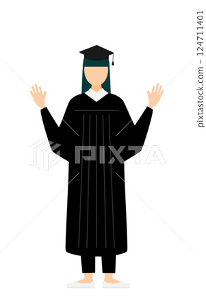 一個簡單的插圖，一位身穿畢業服、頭戴學位帽的亞洲女畢業生驚訝地舉起了手 124711401