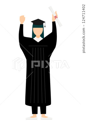 一位身穿畢業服、頭戴學位帽、手拿畢業證書的亞洲女畢業生的簡單插圖 124711402