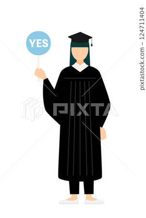 A simple illustration of an Asian female graduate wearing a graduation gown and mortarboard holding a Jesus stick 124711404