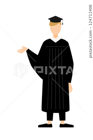 A simple illustration of a Caucasian male graduate wearing a graduation gown and a mortarboard talking 124711406