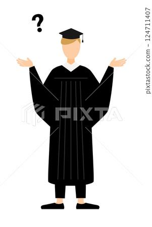 A simple illustration of a Caucasian male graduate wearing a graduation gown and a mortarboard having a question A simple illustration of a Caucasian male graduate wearing a graduation gown and a mortarboard having a question 124711407