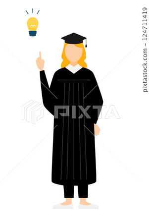 A simple illustration of a Caucasian female graduate wearing a graduation gown and a mortarboard coming up with an idea 124711419