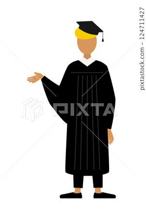 A simple illustration of a black male graduate wearing a graduation gown and a mortarboard talking A simple illustration of a black male graduate wearing a graduation gown and a mortarboard talking 124711427