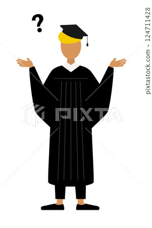 一位身穿畢業服、頭戴學位帽的黑人男性畢業生正在提問的簡單插圖 124711428