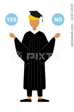 一位身穿畢業服、頭戴學位帽的黑人男性畢業生手持「是」或「否」的標語,簡單易懂 一位身穿畢業服、頭戴學位帽的黑人男性畢業生手持「是」或「否」的標語,簡單易懂 124711433