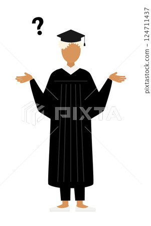 A simple illustration of a black female graduate wearing a graduation gown and a mortarboard having a question A simple illustration of a black female graduate wearing a graduation gown and a mortarboard having a question 124711437