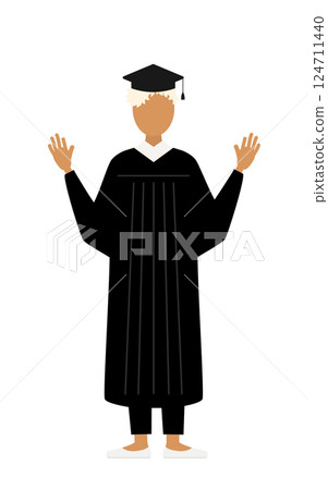 一位身穿畢業服、頭戴學位帽的黑人女畢業生驚訝地舉起手的簡單插圖 124711440
