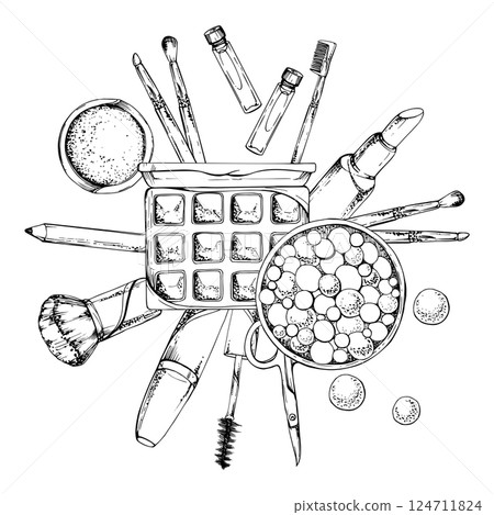 Make-up eye shadow powder lipstick palette box, crayon pencil mascara brushes set, perfume samplers. Isolated composition, ink hand drawn line vector sketch. Beauty parlor illustration, cosmetics shop Make-up eye shadow powder lipstick palette box, crayon pencil mascara brushes set, perfume samplers. Isolated composition, ink hand drawn line vector sketch. Beauty parlor illustration, cosmetics shop 124711824