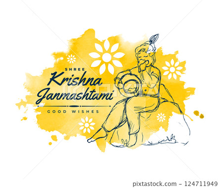 hand drawn krishna janmashtami festival watercolor greeting 124711949