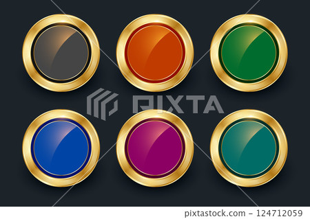 pack of six golden round medal badge element design 124712059